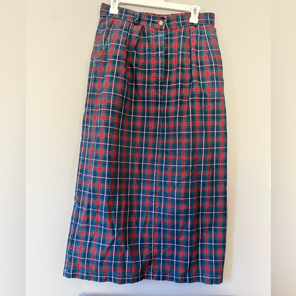 Vintage 1980s Plaid Red and Blue denim Women's long straight pleated Skirt